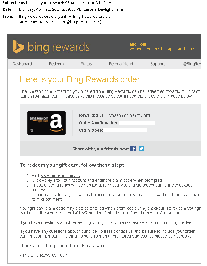 $5.00 - Bing Rewards - April 21, 2014